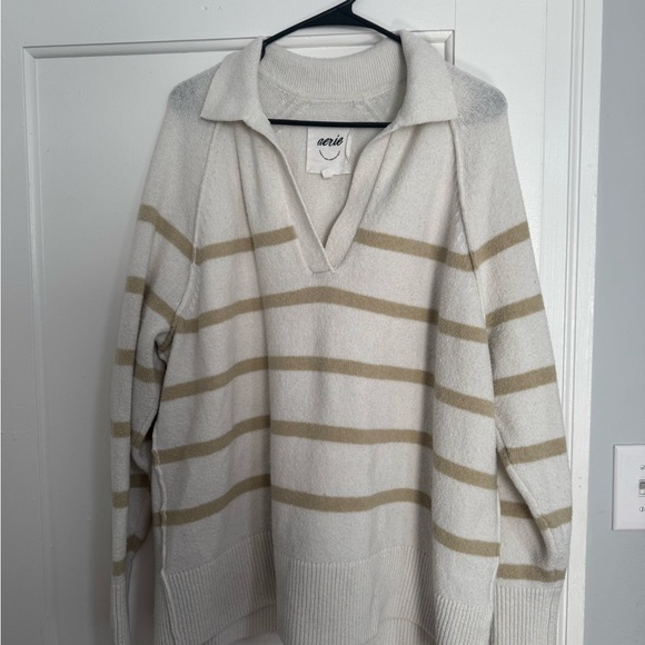 aerie Sweaters - aerie Cream and Tan Striped V-Neck Collared Sweater